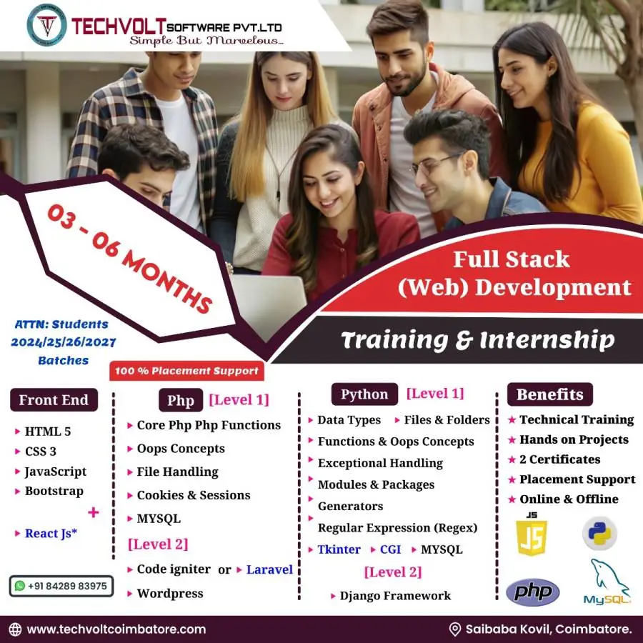 Dear Students |Pre-Final Year Students |Engineering |UG|PG Students,  Attn: Students from BE | BTech-CSE, IT, ECE, EEE, MCA, M.Sc, B.Sc, BCA MBA, PGDM, MSW, MA, BBA, B.com 2026/2026/2027/2028/2029 Pass outs Techvolt Software Pvt.Ltd, a startup level Softw