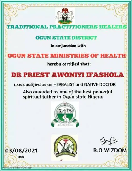 I am.chief Awoniyi Ifashola  from the Herbalist Associoation of Nigeria (HAN) registered and approved by the federal Government of Nigeria. When you burry your doubt and trust your faith, I CAN MAKE YOU RICH WITHOUT HUMAN SACRIFICE. Distance is not a barr
